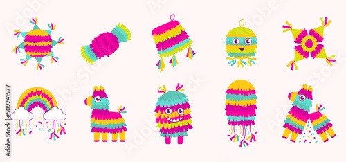 Mexican pinatas icons set. Donkey and llama, colorful toys with treats for birthday party