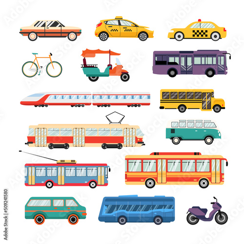 Transport icons set. Public transportable vehicle, bus, trolleybus, tram, train, taxi, car, bicycle