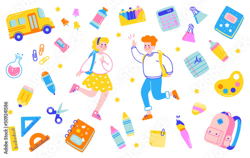 School icons set with schoolgirl and schoolboy kids. Bus, backpack, stationery tools, books