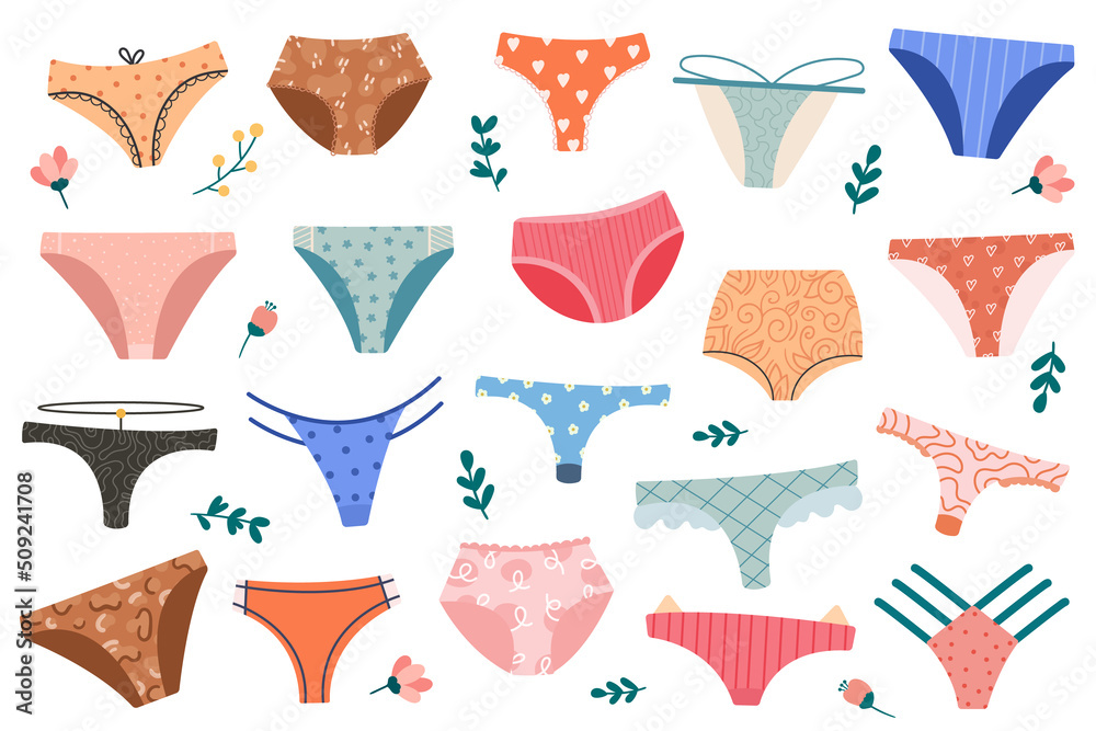 Vecteur Stock Set of cartoon women panties, underwear string, thong, tanga,  bikini. Cheeky, classic brief, slip | Adobe Stock