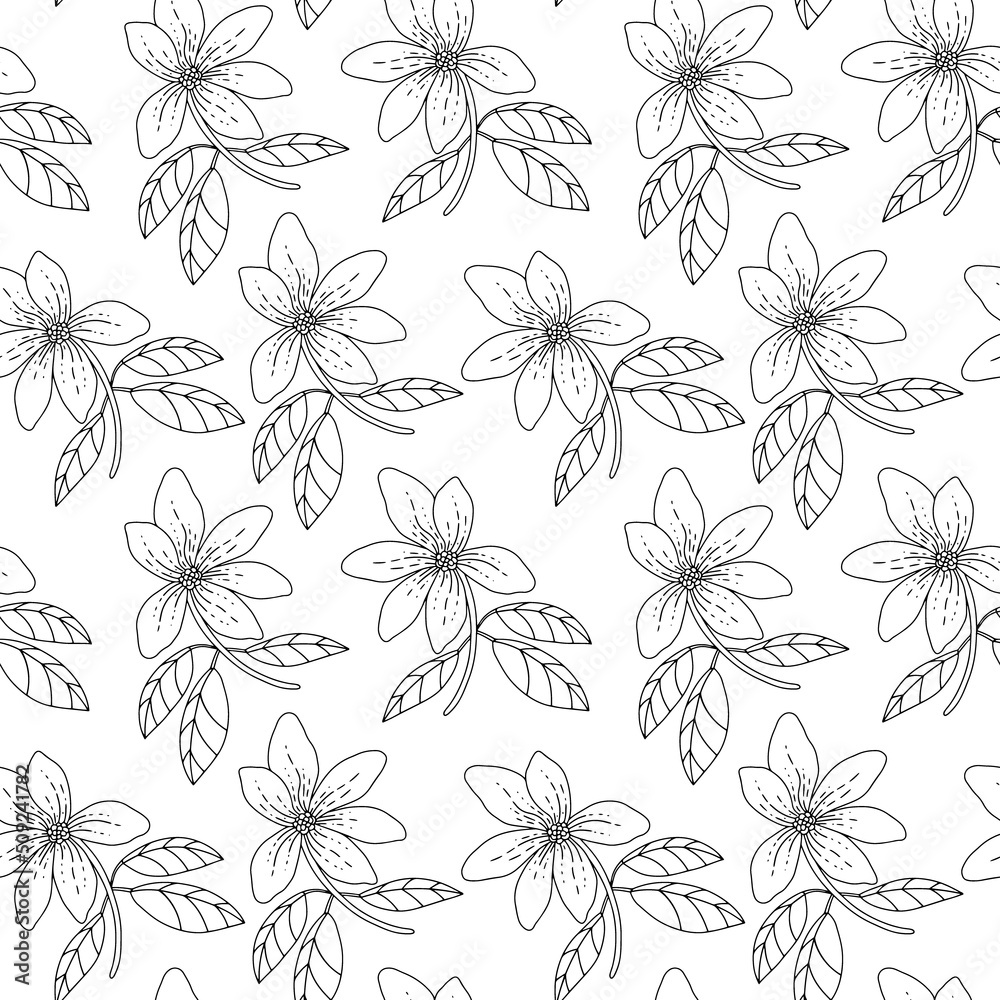 Botanical seamless pattern. Magnolia flowers on branches with leaves. Hand drawn black and white print. Vector Botanical seamless pattern. Magnolia flowers on branches with leaves. Hand drawn black and white print. Vector