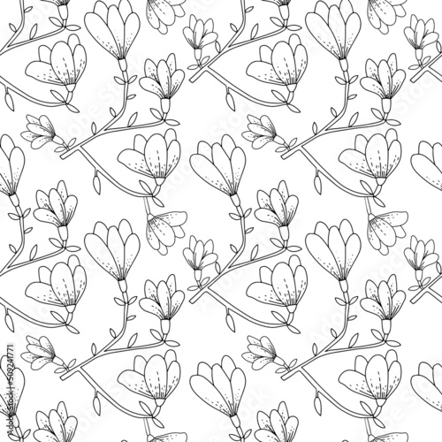 Botanical seamless pattern. Magnolia flowers on branches with leaves. Hand drawn black and white print. Vector