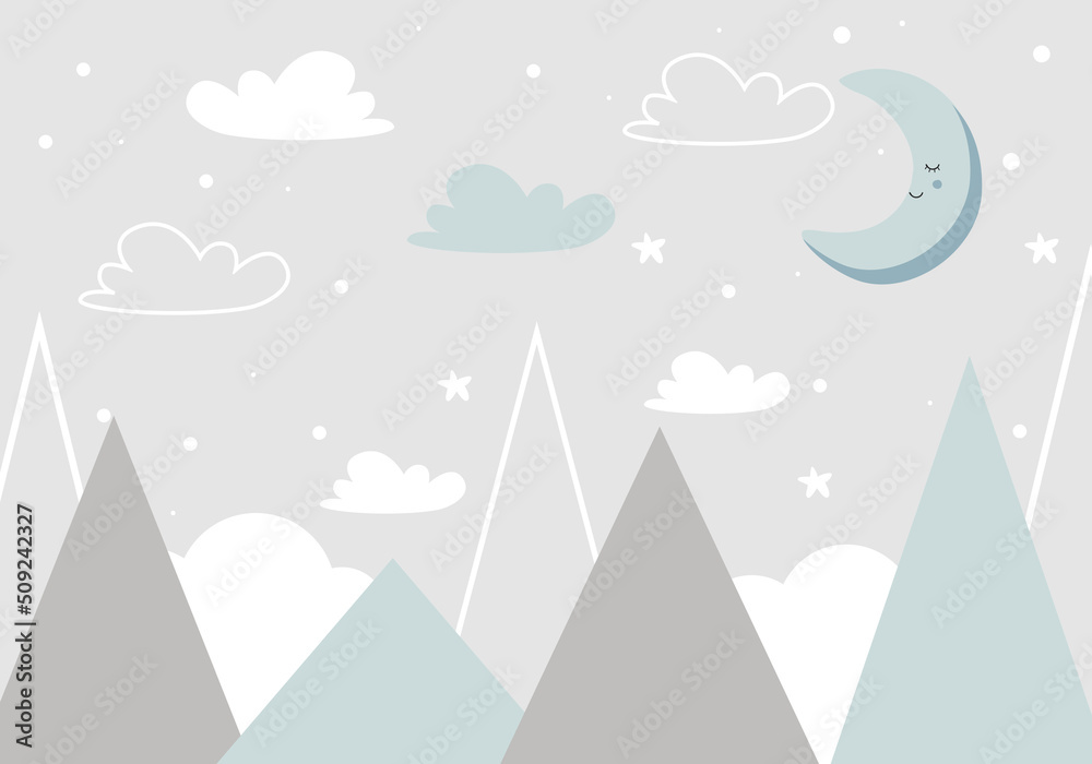Fototapeta premium Cute mountains, moon and clouds in pastel colors. For baby wallpapers, decor, web banners, posters. Vector illustration. Children's wallpaper. Hand drawn in scandinavian style. Mountain landscape.