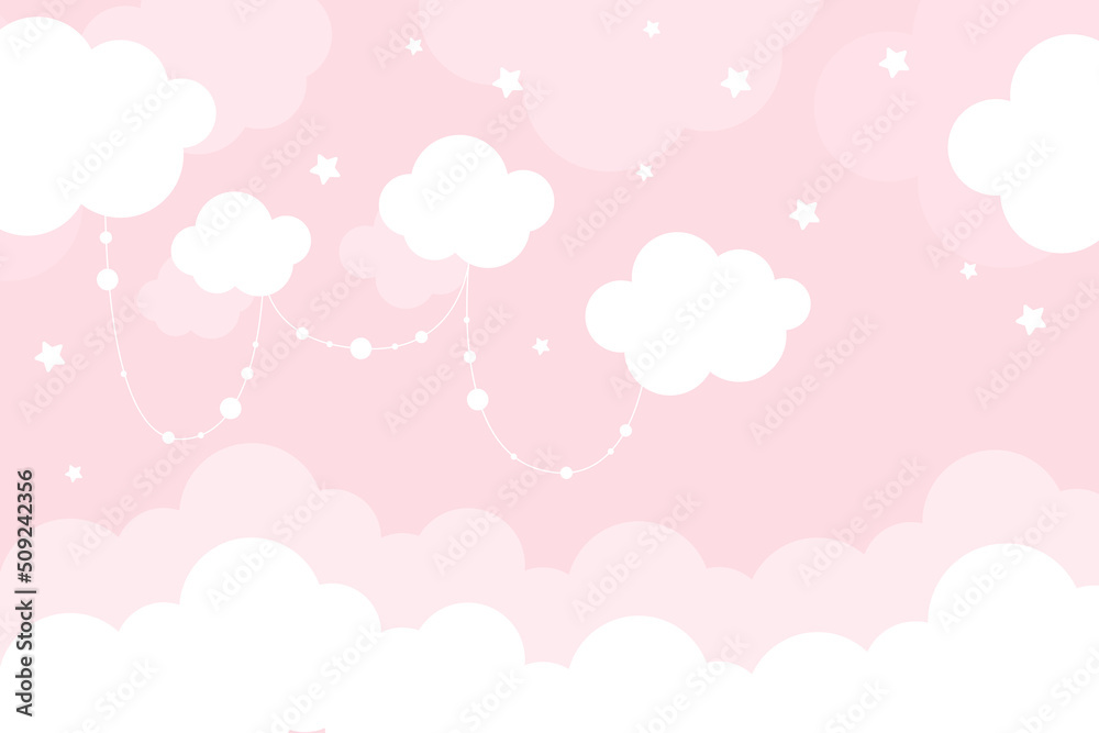 Vector hand drawn modern childrens wallpaper. Airy cute clouds and stars on a pink background. Scandinavian style. To decorate a child's room. Wallpaper for a little princess.