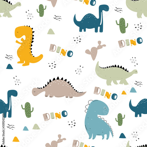 Vector hand-drawn colored seamless repeating childrens pattern with cute dinosaurs and cacti in Scandinavian style on white background. Children s pattern with dinosaurs. Cute baby animals. Dino.