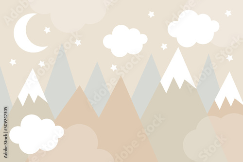 Vector hand drawn baby 3d wallpaper. Mountains, clouds, moon and stars. Trendy children's wallpaper design.  Scandinavian style.