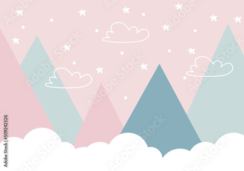 Mountains and clouds in dusty pastel colors. For baby wallpapers, decor, web banners, posters. Vector illustration. Children's wallpaper. Hand drawn in scandinavian style. Mountain landscape.