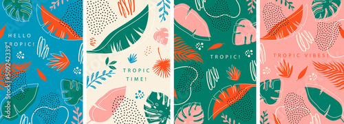 Poster set with colorful abstract tropical leaves, doodles and dots. Stylish design for background, wallpaper, cover, clothing, packaging, fabric. Summer design. Modern design. © YUSI_DESIGN