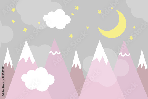 Vector hand drawn bright colorful children's wallpaper with mountains. Cute mountain landscape with clouds, stars and moon. Modern children's wallpaper.
