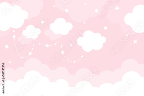 Vector hand drawn modern childrens wallpaper. Airy cute clouds and stars on a pink background. Scandinavian style. To decorate a child's room. Wallpaper for a little princess. © YUSI_DESIGN