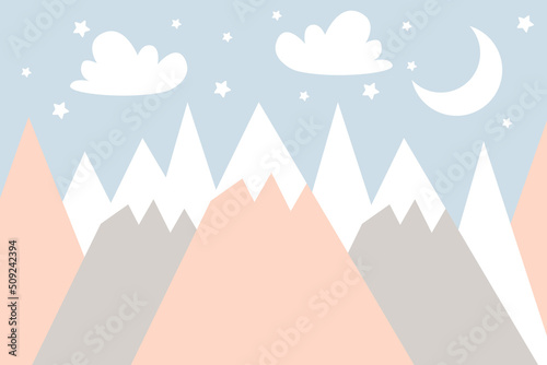 Vector hand drawn childish wallpaper with mountains, clouds, moon and stars. Modern design for a children's room. Scandinavian style.