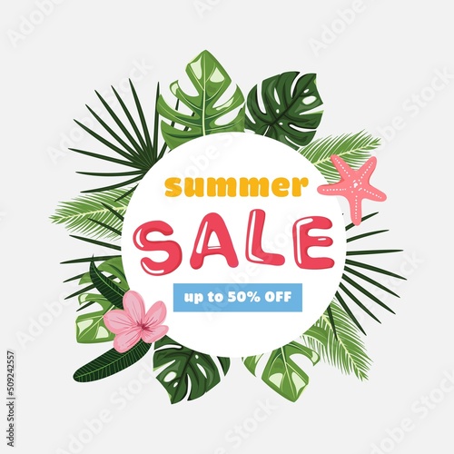 Summer sale banner with tropical leaves, sea star and flower. Discount promotion.