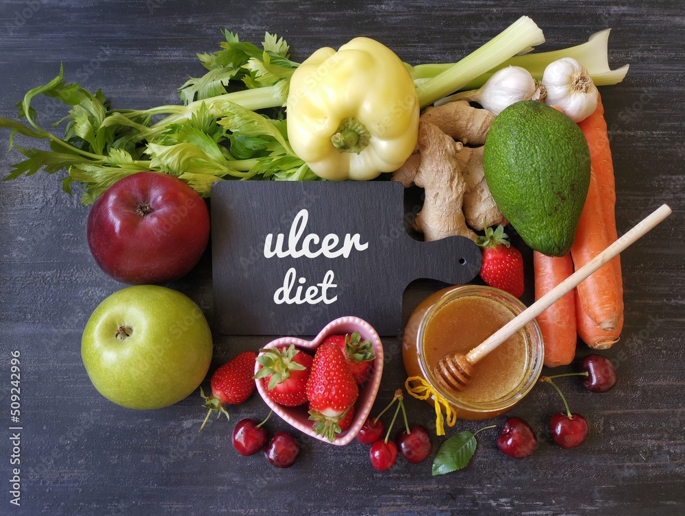 Healthy foods to prevent or heal ulcers. Foods for ulcer relief. Fruit and vegetable rich in