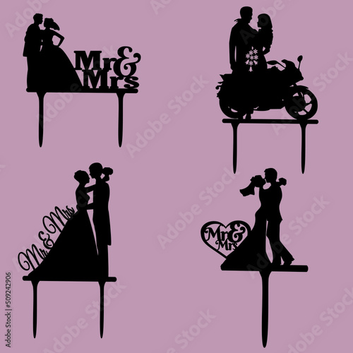 Silhouettes topper of wedding, bride, marriage, heart, motorbike