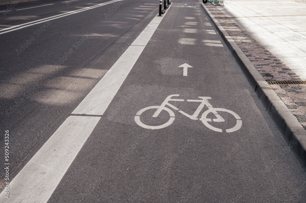 Obraz premium Bicycle path with bike sign and direction arrow. Separate Safe bike path for cyclists.