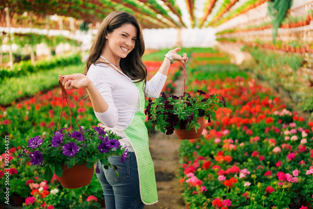 Happy nursery garden worker holding pots with flowers and relocating it. Happy nursery garden worker holding pots with flowers and relocating it.