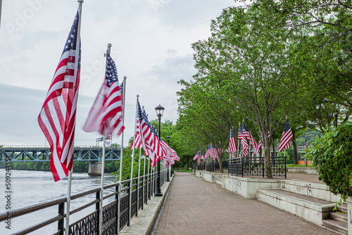 Flags lining River Walk in Shelton, Connecticut