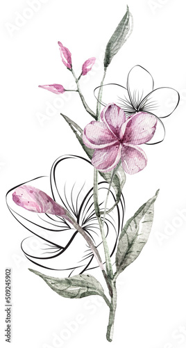 Watercolor tropical clipart and line art. Composition with tropical leaves, pink flowers on white background. Can be used for greeting cards, wedding invitations, textile, fabric, poster, print.