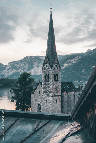 photograph of the main church of hallstatt austria with a view towards the lake © Alex Wolf 