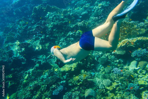 Man snorkeling underwater by coral reef in the Red sea, Egypt