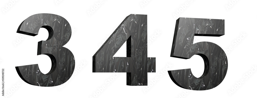 Plasticized alphabet. Numbers 3, 4, 5. Black plastic font. Synthetic material. 3D illustration. Cut ready. Plasticized alphabet. Numbers 3, 4, 5. Black plastic font. Synthetic material. 3D illustration. Cut ready.