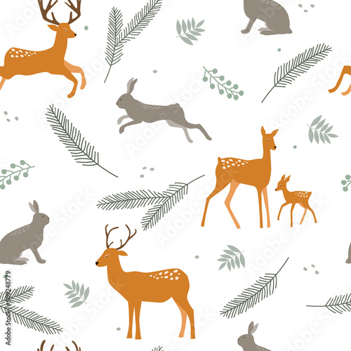 Seamless pattern with summer forest print. Adult deer, fawn, hares, rabbits among spruce branches, leaves, berries. Vector graphics.