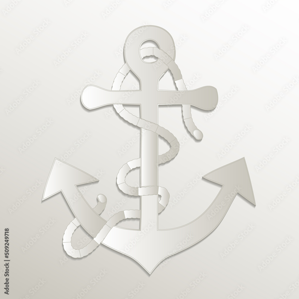 Obraz premium Anchor with rope, symbol icon, card paper 3D natural raster