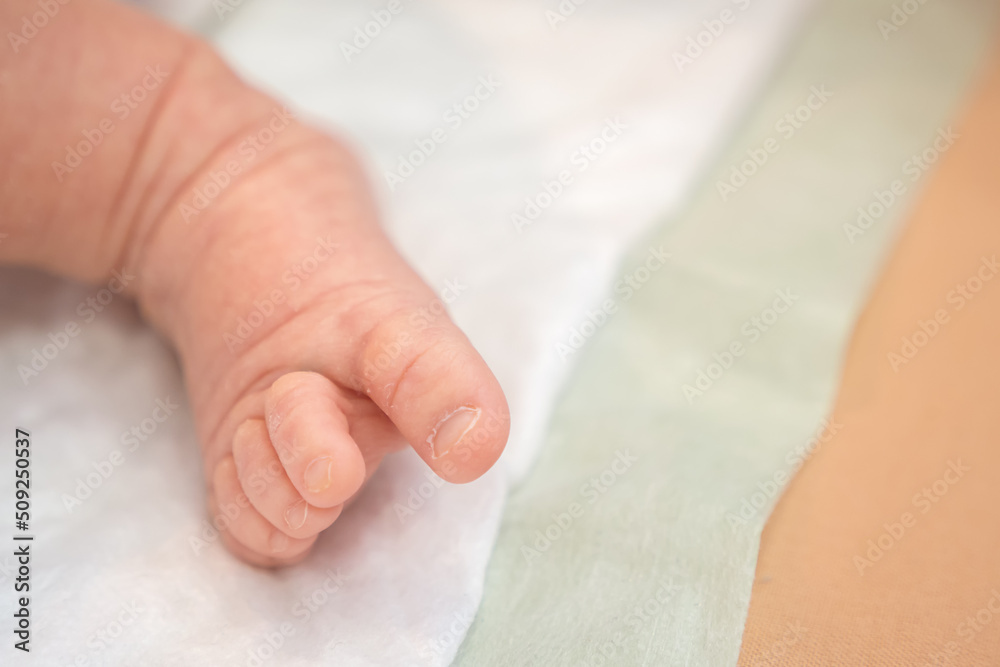 Little foot of a cute baby with selective focus. Adorable one month newborn girl Little foot of a cute baby with selective focus. Adorable one month newborn girl