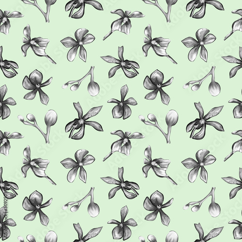 Seamless pattern of orchids on a green background. Floral pattern in pastel colors. Pattern with Orchid flowers for the design of postcards, paper, textiles. © Tatyana Olina