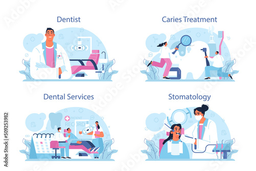 Dentist concept set. Dental doctor in uniform treating human teeth photo