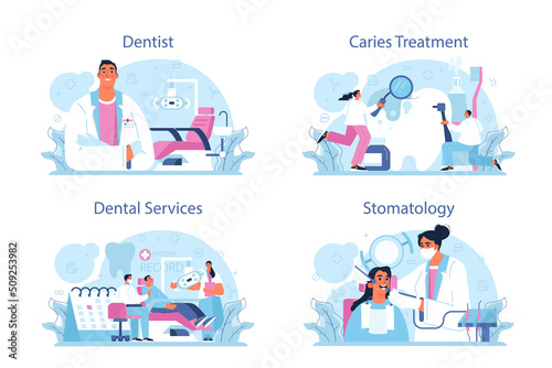 Dentist concept set. Dental doctor in uniform treating human teeth