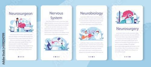 Neurosurgeon mobile application banner set. Doctor examine and treat