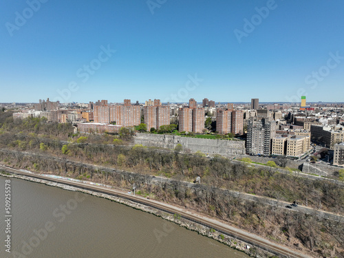 Aerial view of Hudson River and New York with blue sky 
