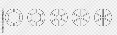 Set of outline donut charts segmented on 6 equal parts. Infographic wheels divided in six sections. Circle diagrams or loading bars isolated on transparent background. Vector graphic illustration