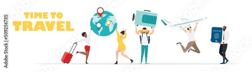Travel. People at the airport fly on a journey. Summer rest. Family travel. Vacation with friends. Vector illustration.
