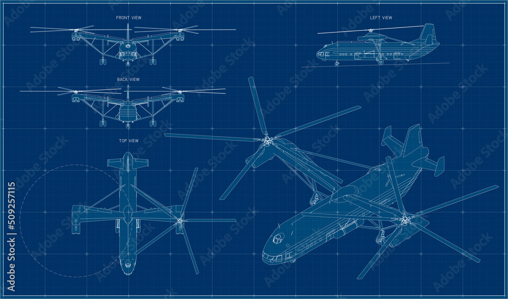 The heaviest and most lifting helicopter ever built in the world. Mil V-12. Soviet four-engine helicopter. Blueprint with projections and isometry. The heaviest and most lifting helicopter ever built in the world. Mil V-12. Soviet four-engine helicopter. Blueprint with projections and isometry.