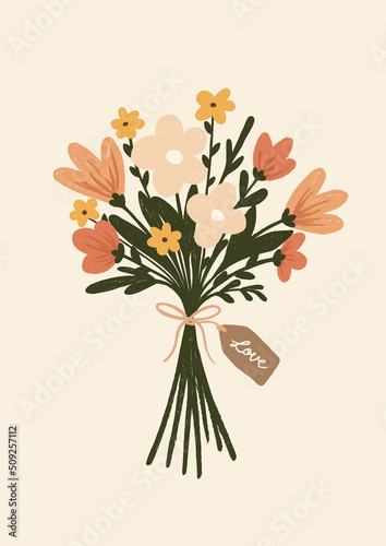 Lovely Colorful Flower Bouquet with Attached Tag. Handwritten Inscription. Simple Hand Drawn Vector Illustration. Floral Graphic Design Perfect for Invitation or Greeting Card or Poster.