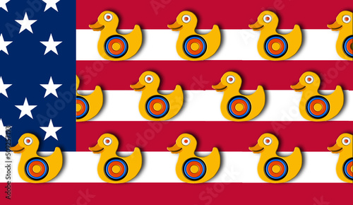 Carnival shooting galley ducks are seen on a USA flag as a background in a 3-d illustration about guns in America.