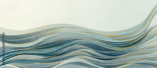 Landscape abstract background with waves pattern in blue color with golden line. Hills or ocean in watercolor style for wallpaper design, decor, banner, print, wall art