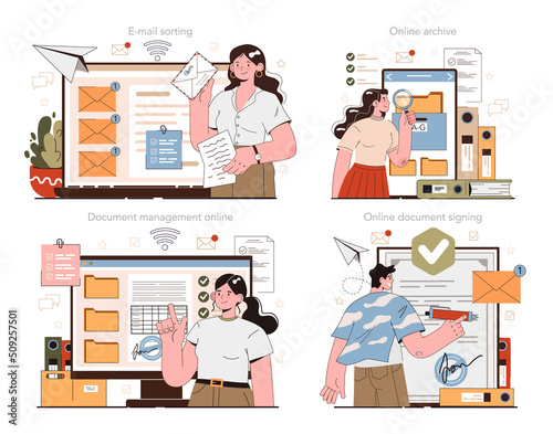 Office clerk online service or platform set. Coworking space maintenance