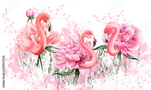 Obraz abstrakcyjne namalowane flamingi połączone z kwiatami