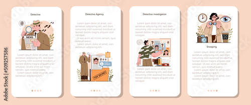 Professional detective mobile application banner set. Agent investigating