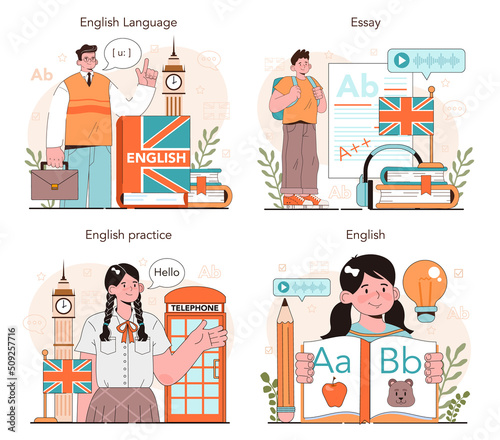 English class concept set. Study foreign languages in school or university