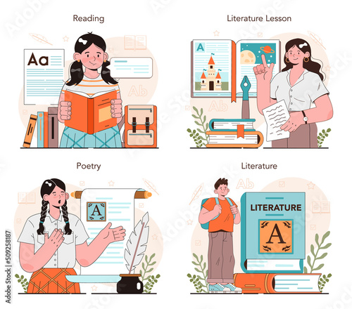 Literature school subject set. Study ancient writer and modern