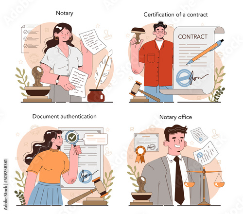 Notary service concept set. Professional lawyer signing and legalizing paper