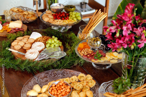 Table with snacks - party buffet with various savory foods