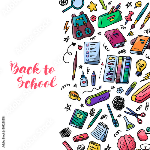 Vector hand drawn Back to School colorful doodles background template. Cute watercolor paints, checklist, brush, pencilcase, notebooks and books included