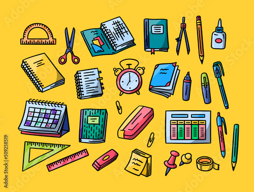 Vector hand drawn Back to School colorful doodles set. Includes cute calendar, schedule, notebooks, alarm clock, pen and pencil