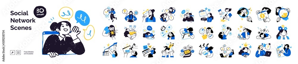 Social network illustrations. Collection of different scenes and situations. Trendy vector style - obrazy, fototapety, plakaty 