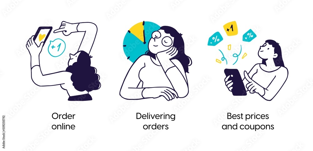 Online shopping and delivery - set of business concept illustrations. Order online, Delivering orders, Best prices and coupons. Visual stories collection. Online shopping and delivery - set of business concept illustrations. Order online, Delivering orders, Best prices and coupons. Visual stories collection.